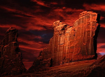 Red Rocks, blue, red, clouds, eerie, sky, rocks, dark HD wallpaper