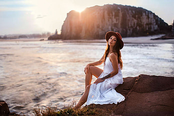 Cowgirl on the Beach at Sunset, model, cowgirl, brunette, tattoo, dress, hat, sunset HD wallpaper
