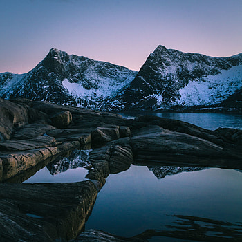 Evening, sunset, lake, mountain, nature HD phone wallpaper