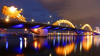 Dragon Bridge of Da Nang, Vietnam, river, water, lights, reflections HD wallpaper
