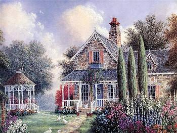 Country Home, comfortable, plants, windows, house, steps, gazebo, ducks, roof, lawn, painting, porch, chimney, clouds, trees, flowers, sky HD wallpaper