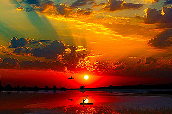 Magical Sunset, The Sun, Boat, Fisherman, Sky, Clouds HD wallpaper