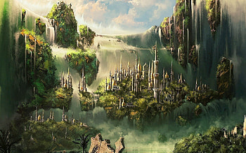 Fantasy, Clouds, Waterfalls, City, Greens, Constructions, Facilities HD wallpaper