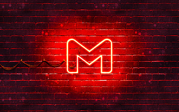 Gmail red logo, , red brickwall, Gmail logo, postal services, Gmail neon logo, Gmail HD wallpaper