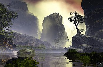Art, Rocks, Lake, Wood, Tree, Fog HD wallpaper