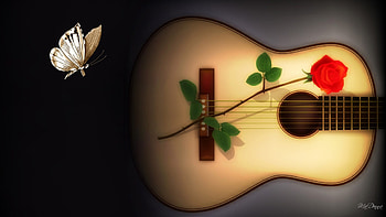 Guitar Music, rose, still life, music, butterfly, guitar, flowers HD wallpaper