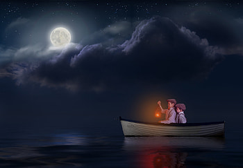 Moonlight, boat, sea, children, copil, summer, moon, boy, luna, water, cloud HD wallpaper