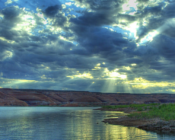 cloudy, blue, clouds, sky, lake HD wallpaper
