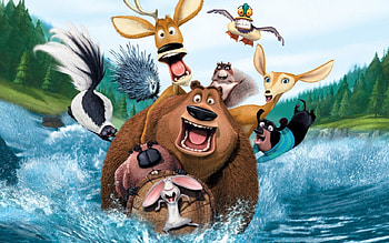 Open Season, river, cartoon, log, animals, movie, funny, forest HD wallpaper