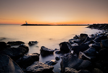 Black rocks, coast, sea, sunset, nature HD wallpaper