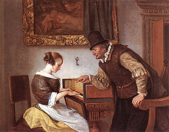 The Harpsichord Lesson by Jan Steen, teacher, chair, music, door, painting, girl, harpsichord HD wallpaper