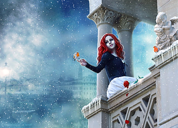 Juliet, blue, winter, bird, girl, balcony, christabellelamort, rose, fantasy, flower, iarna, sky, redhead, luminos, ice HD wallpaper