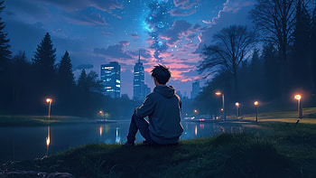 Alone Boy Midnight Thoughts By The Lake, trees, tree, anime-boy, alone, cityscape, lake, artist, artwork, art, digital-art, ai HD wallpaper