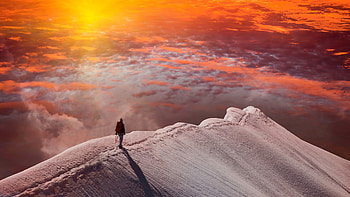 Standing At Snowy Peak Mountain Sunset, alone, mountains, sunset, nature HD wallpaper