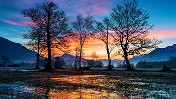Colorful Sunset, river, snow, clouds, colors, landscape, sky, mountains, ice, reflections HD wallpaper