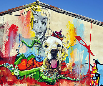 Art, Bright, Multicolored, Motley, Dog, Girl, Graffiti, Street Art HD wallpaper