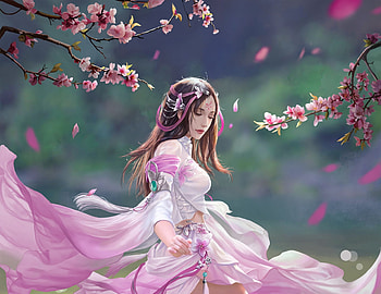 Spring joy, frumusete, dance, asian, art, girl, spring, dress, pink, guanjie wang, fantasy, petals, luminos, princess HD wallpaper