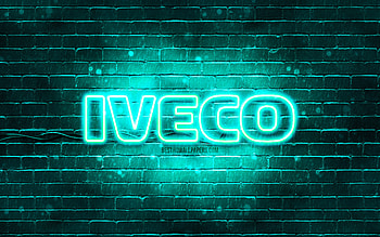 Iveco turquoise logo, , turquoise brickwall, turquoise logo, cars brands, turquoise neon logo, turquoise HD wallpaper