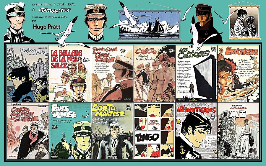 Corto Maltese, boat, colored, awesome, , colors, hugo pratt, famous, nice, pratt, corto, ocean, white, other, france, bd, collages, drawing, comics, blue, colorful, great, cartoon, black, fun, seagull, collage, cartoons, adventures, amazing, stunning, sea, entertainment, comic, beautiful, adventure, cool, funny HD wallpaper
