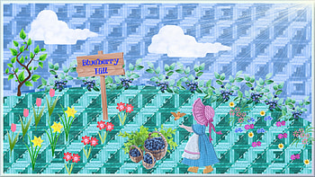 Blueberry HILL, blueberries, sign, clouds, sunbonnet sue, hill HD wallpaper