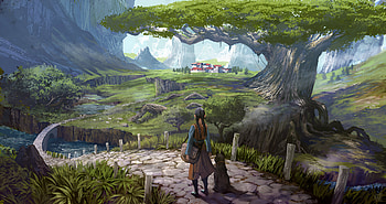 Fantasy Valley — Girl Overlooking Hidden Town, Landscape, Digital Painting HD wallpaper