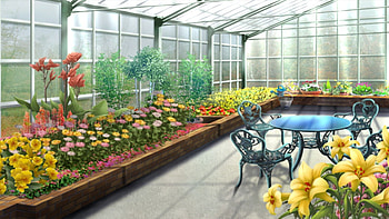 Green House, chair, floral, beauty, nice, scenery, petals, flower, scenic, blossom, table, sweet, scene, garden, beautiful, anime, pretty, lovely HD wallpaper