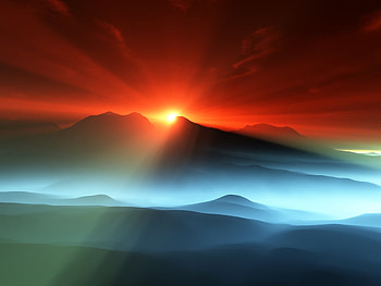 playing light, turquoise landscape, red sky HD wallpaper