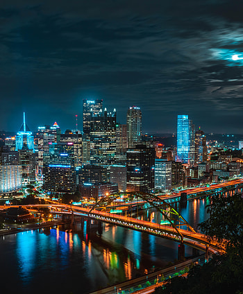Cities, Rivers, Building, Night City, Skyscrapers, Bridge HD phone wallpaper