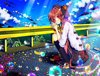 World Of Imagination, Red Eyes, Anime, Colorful, Cute, Sunshine, rugo, Girl, Sweet, Imagination, original, Bubbles, Long Hair, Brown Hair HD wallpaper