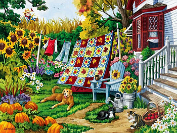 Country Autumn, pumpkins, dog, apples, quilts, house, colors, trees, cats, painting HD wallpaper