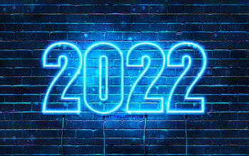 2022 blue neon digits, , Happy New Year 2022, blue brickwall, horizontal text, 2022 concepts, wires, 2022 new year, 2022 on blue background, 2022 year digits HD wallpaper