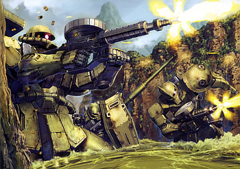 firing glowing glowing eyes gun gundam gundam ms team highres machine gun mecha mobile suit gundam mountain shell casing shield war water weapon zaku zaku i ... HD wallpaper
