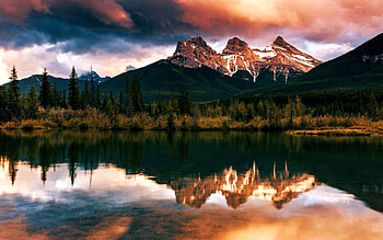 The Three Sisters in the Canadian Rockies at Sunset, peaks, Canada, clouds, colors, sky, Alberta, lake, reflections HD wallpaper