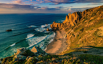 ocean, coast, rocks, evening, sunset, seascape, waves, beautiful beach HD wallpaper