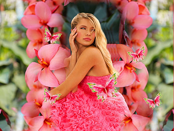 Perfectly Pink Ladies 11, flowers, girl, lovely, colorful, vibrant, blonde, hot pink, delicate, pretty, vivid, green, bright, bold HD wallpaper
