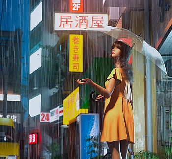 Rainy day, yellow, renderhub, asian, rain, fantasy, street, girl HD wallpaper