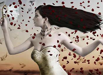 Soul mirror, mirror, rose, fantasy, red, amazing, dress, woman, nice HD wallpaper