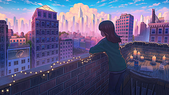 Rooftop Serenity At Sunset, artist, artwork, digital-art, pixiv HD wallpaper