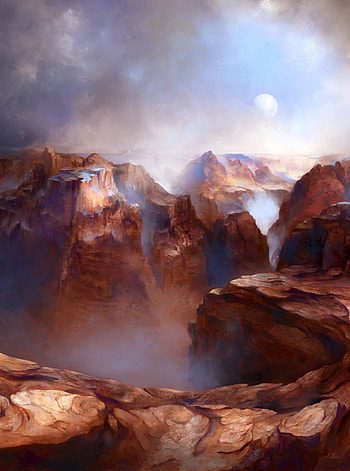 Art, Canyon, Moon, Rocks, Fog HD phone wallpaper