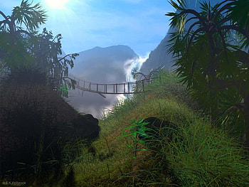3D Landscape with Rope Bridge, 3d, landscape, bridge, suspension bridge, rope bridge HD wallpaper