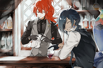 Diluc (Genshin Impact), Genshin Impact, Kaeya (Genshin Impact), Video Game, Blue Hair, Eye Patch, Red Hair HD wallpaper