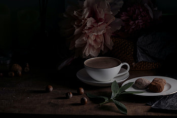 Coffee, Still Life, Miscellanea, Miscellaneous, Cup, Drink, Beverage, Pion, Peony HD wallpaper