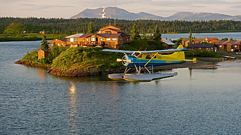 ataska lake, island, hills, aircraft, snow, house, trees, forest, lake HD wallpaper