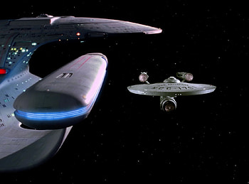 Constitution and Galaxy Class Enterprise, starships, TOS, Constitution, Class, Star Trek The Next Generation, Star Trek, spaceships, TNG, Galaxy HD wallpaper