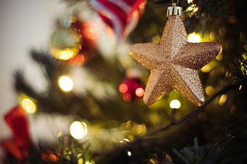Close-up of a sparkling golden star ornament hanging on a decorated Christmas tree. HD wallpaper
