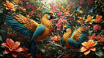 Colorful Birds, bird, colorful, flower, jungle, tree HD wallpaper
