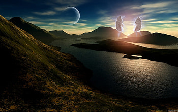 Santori, moon, fantasy, water, mountain HD wallpaper