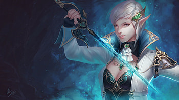 Fryevia, blue, white, sword, final fantasy, girl, elf, fantasy, luminos, azaggon HD wallpaper