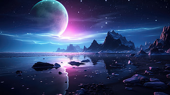 Starry Waters Planet Reflection Amidst Sky And Rocks, ai, digital-universe, planet, artist, artwork, digital-art HD wallpaper