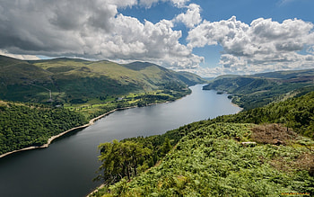 lake, clouds, river, sky, hills HD wallpaper